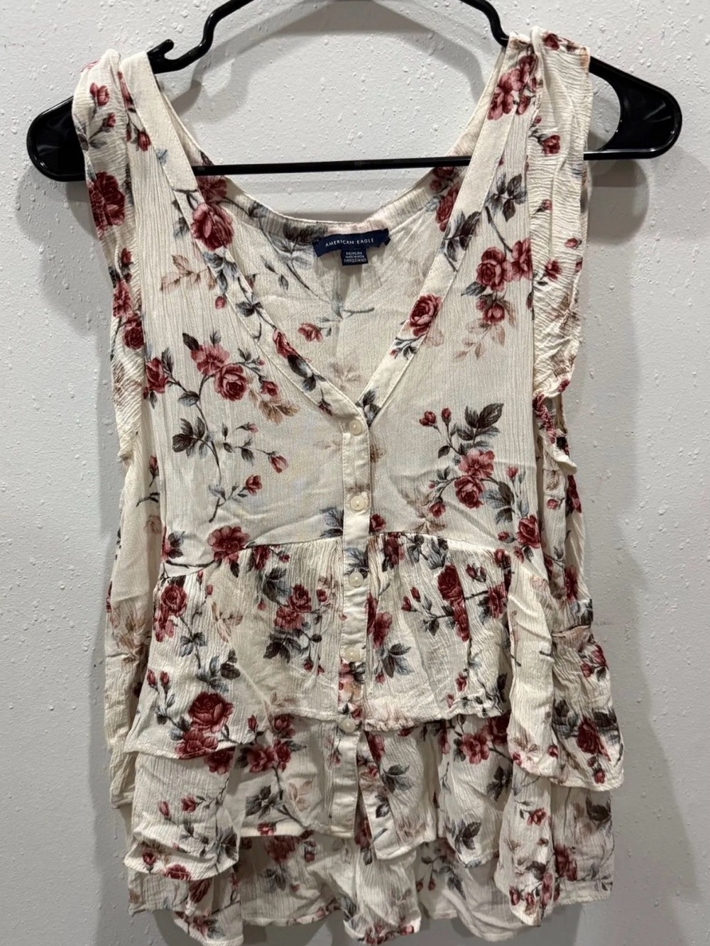 American Eagle Outfitters Ivory Tank with Red Floral Ruffle Tiers